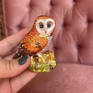 🦉 Enamel Owl Trinket Box | Jeweled Hinged Keepsake | Orange Brown Gold
